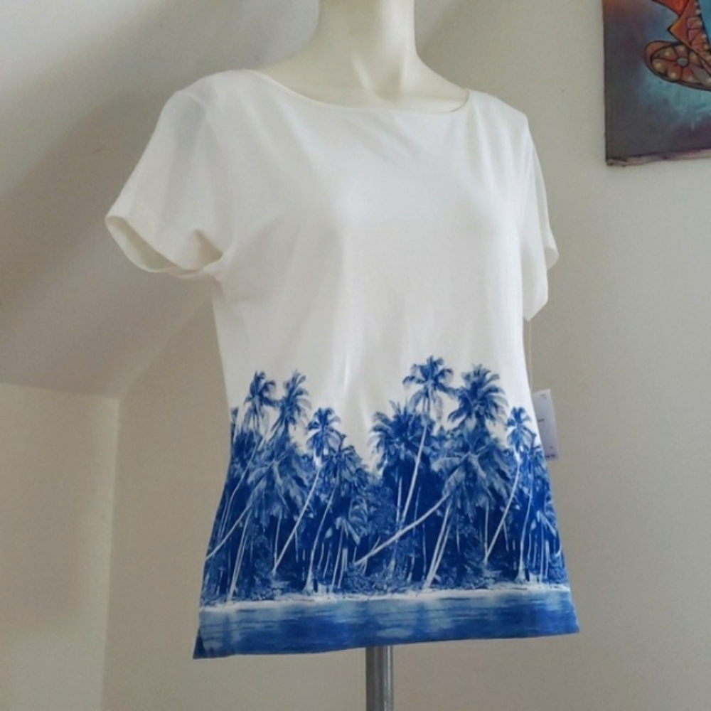 Liz Claiborne Lamu1000 white blue palms beach stretch short sleeve M top, NWT